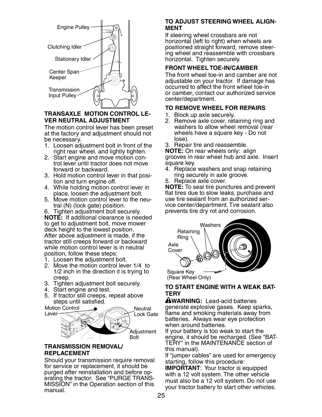 Poulan 191663 manual Transaxle Motion Control LE- VER Neutral Adjustment, To Adjust Steering Wheel ALIGN- Ment 