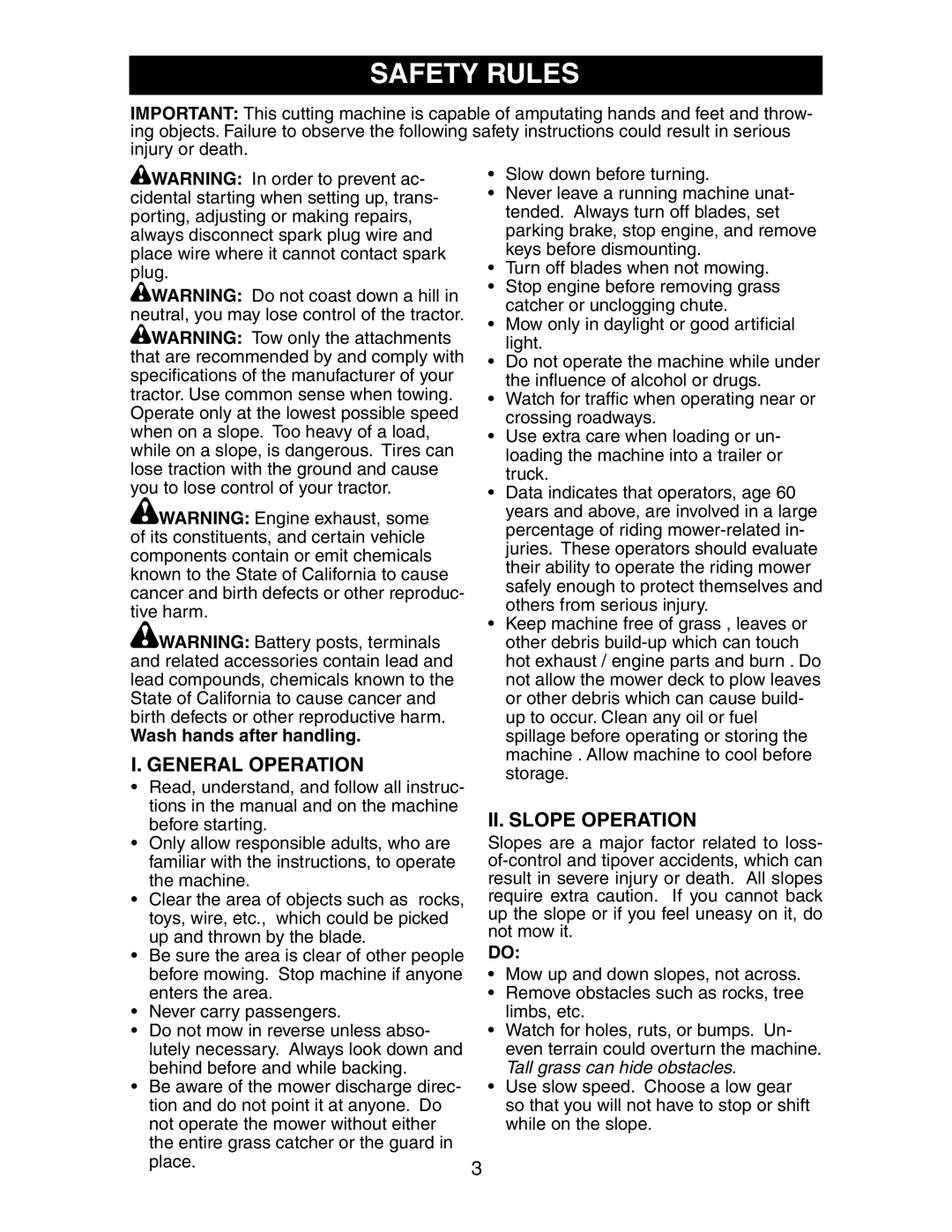 Poulan 191663 manual Safety Rules, General Operation, II. Slope Operation 