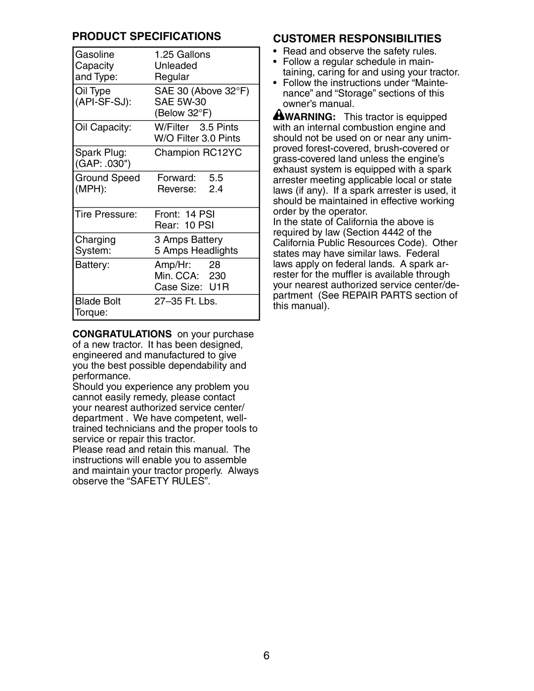 Poulan 191663 manual Product Specifications, Customer Responsibilities, Api-Sf-Sj 