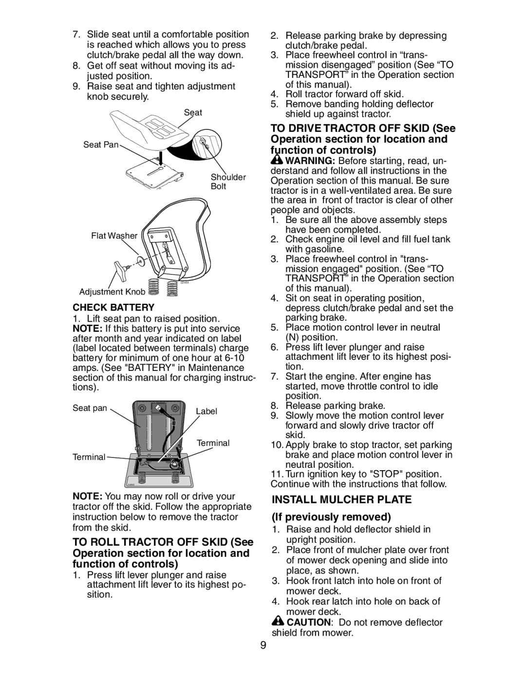 Poulan 191663 manual Install Mulcher Plate, Check Battery 