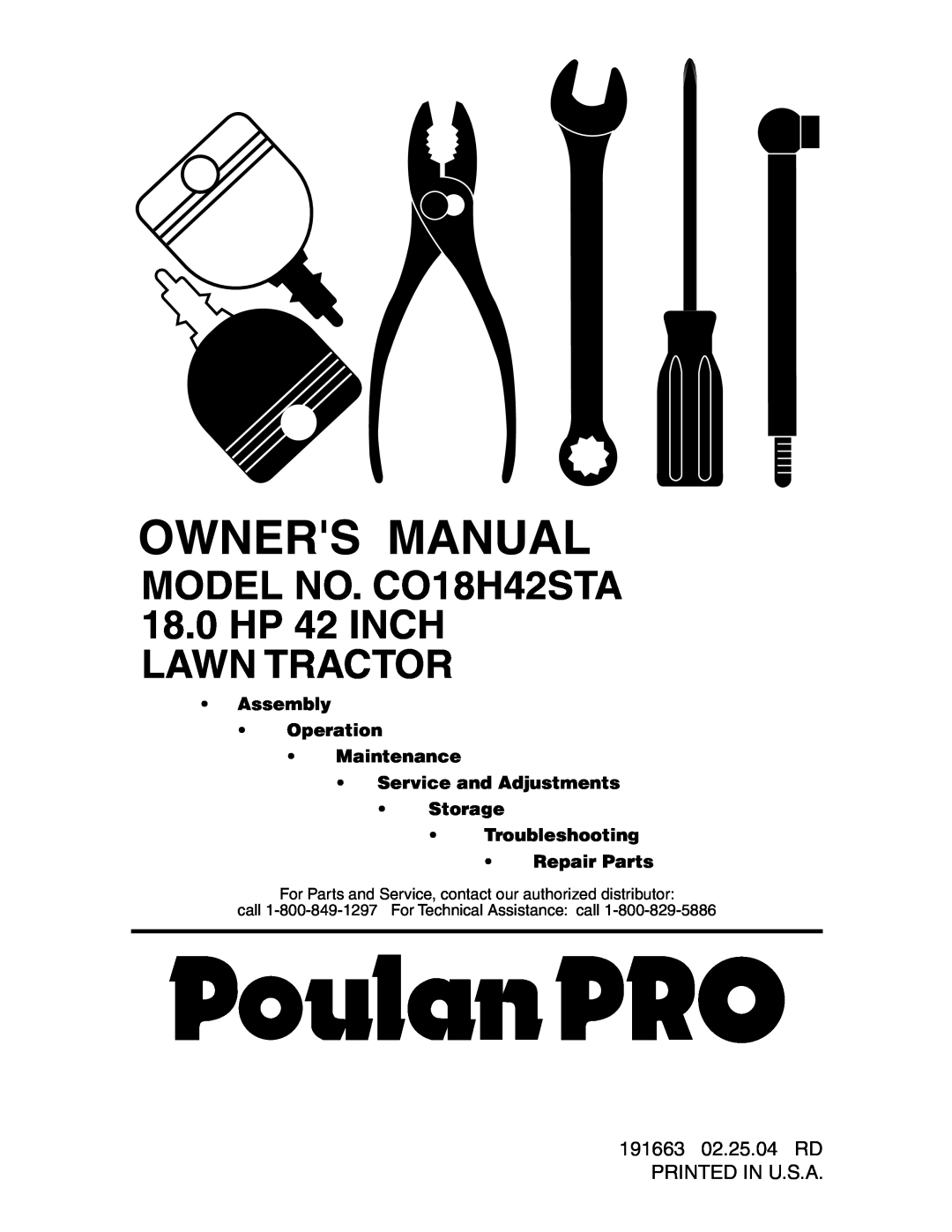 Poulan 191663 manual Assembly Operation Maintenance Service and Adjustments Storage, Troubleshooting Repair Parts 