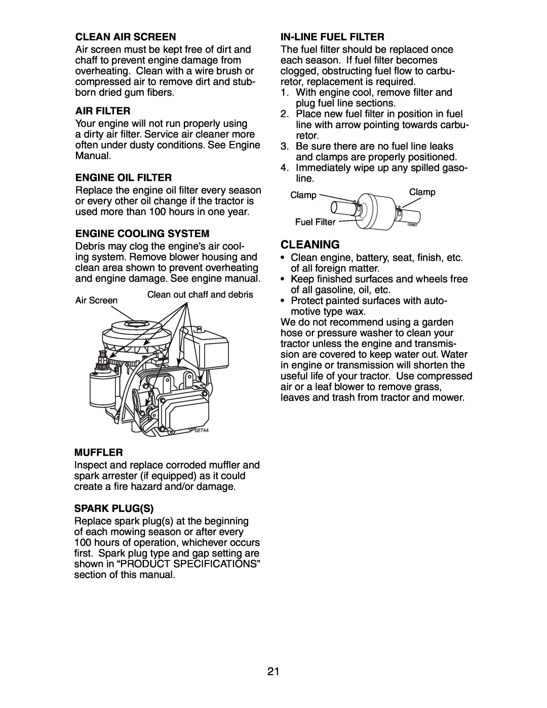 Poulan 191663 manual Cleaning, Clean Air Screen, Air Filter, Engine Oil Filter, Engine Cooling System, In-Line Fuel Filter 