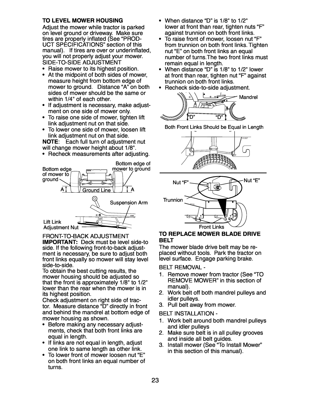 Poulan 191663 manual To Level Mower Housing, To Replace Mower Blade Drive Belt 