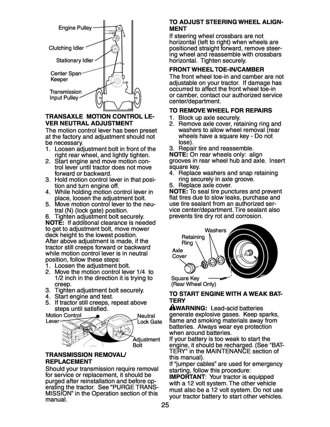 Poulan 191663 manual Transaxle Motion Control Le- Ver Neutral Adjustment, To Adjust Steering Wheel Align- Ment 