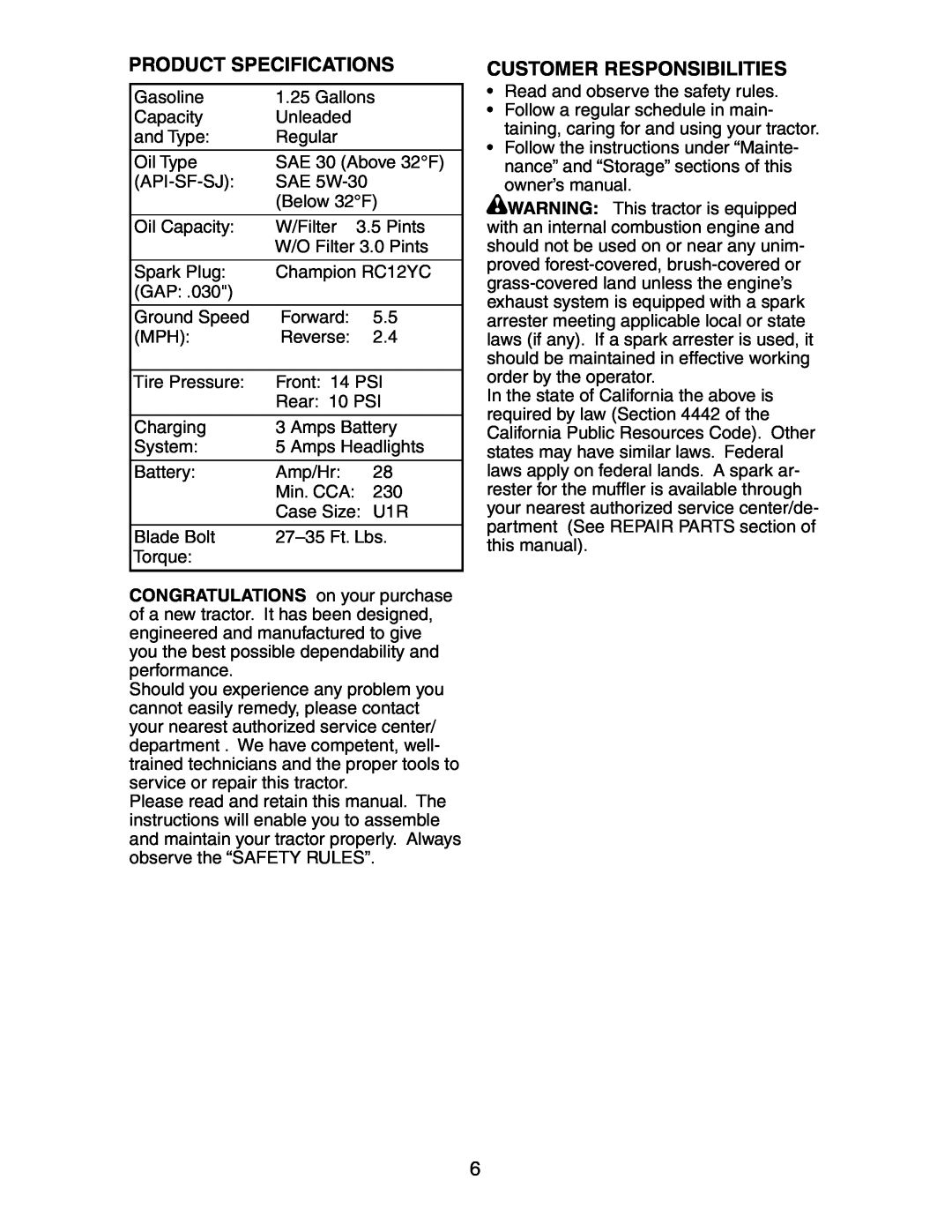 Poulan 191663 manual Product Specifications, Customer Responsibilities 