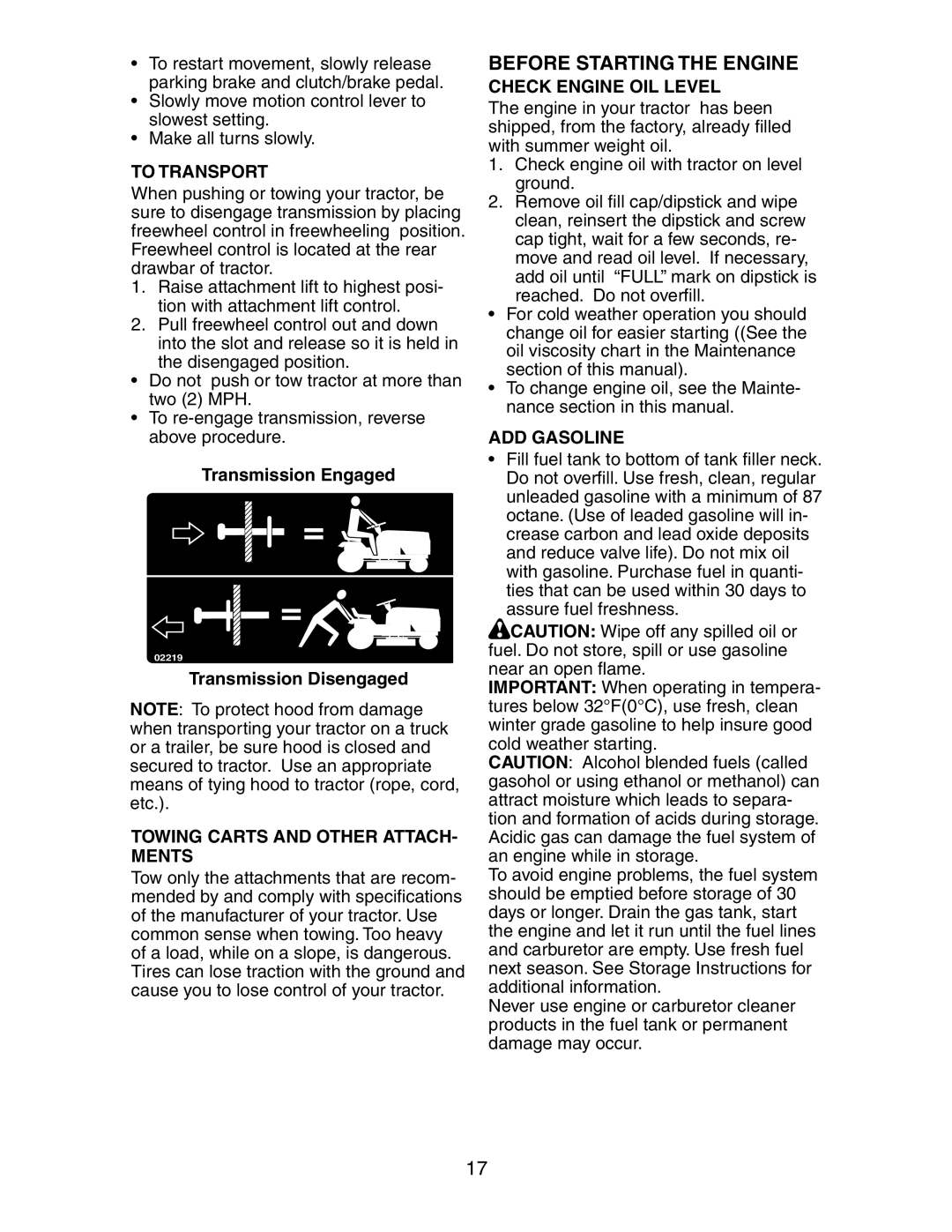 Poulan 191697 manual Before Starting the Engine, To Transport, Towing Carts and Other ATTACH- Ments, Check Engine OIL Level 