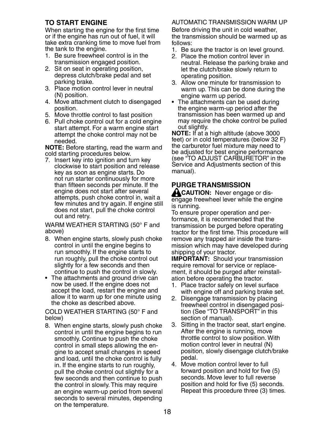 Poulan 191697 manual To Start Engine, Purge Transmission 