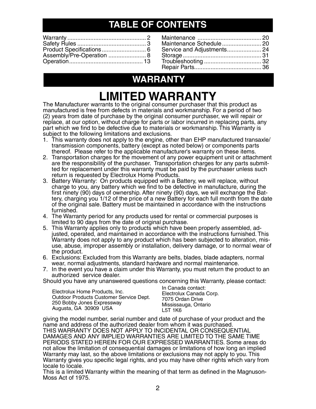 Poulan 191697 manual Table of Contents, Warranty 