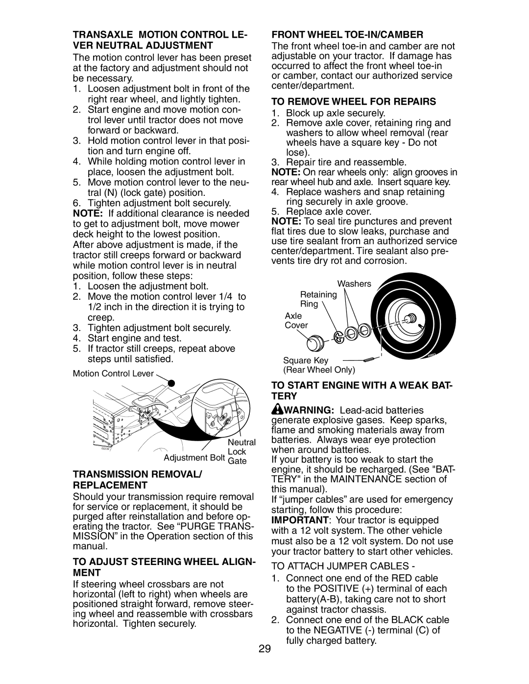 Poulan 191697 manual Transaxle Motion Control LE- VER Neutral Adjustment, Transmission Removal Replacement 