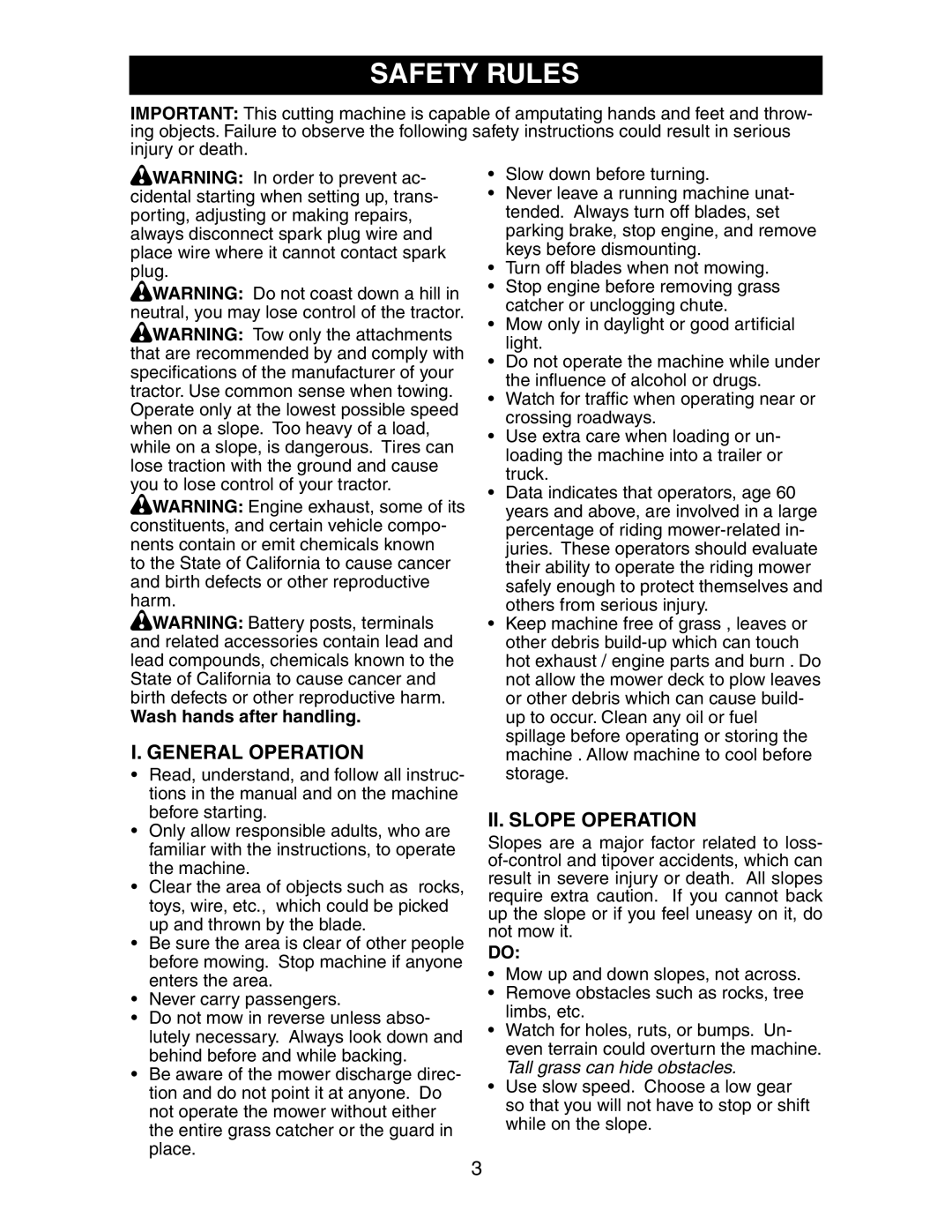 Poulan 191697 manual Safety Rules, General Operation, II. Slope Operation 