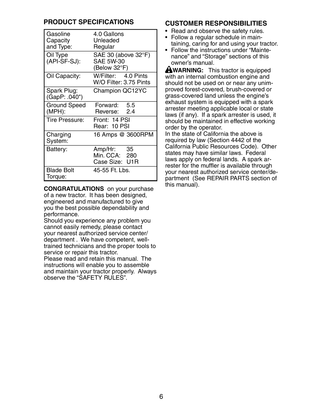 Poulan 191697 manual Product Specifications, Customer Responsibilities, Api-Sf-Sj 