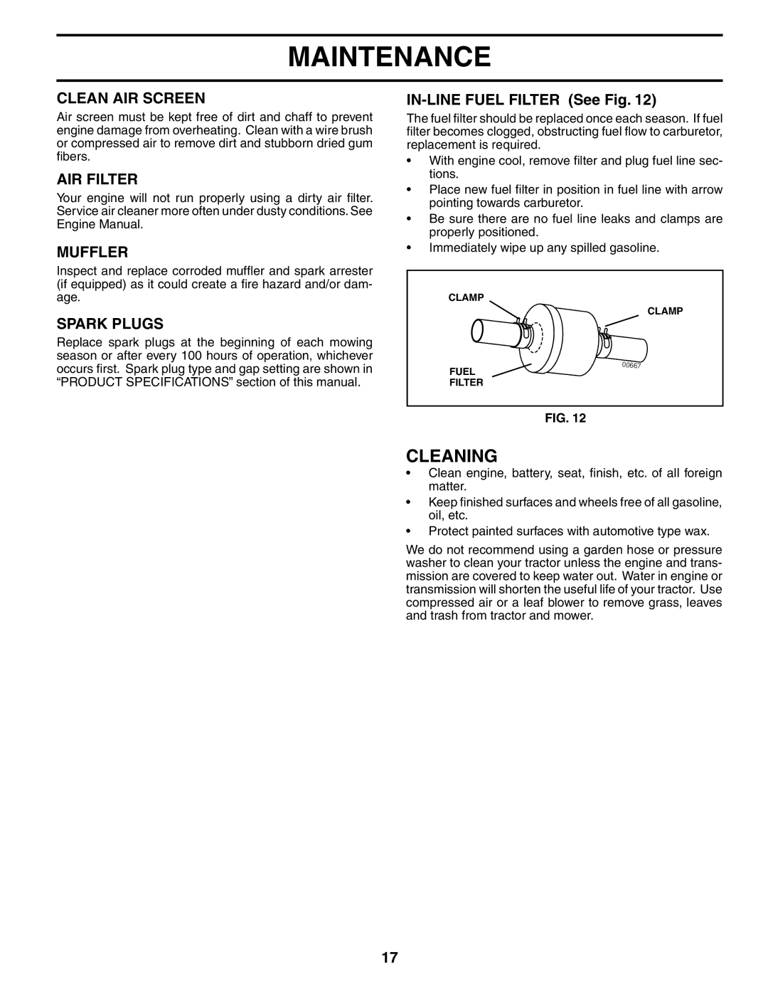 Poulan 191713 manual Cleaning, Clean AIR Screen, AIR Filter, Muffler, Spark Plugs 