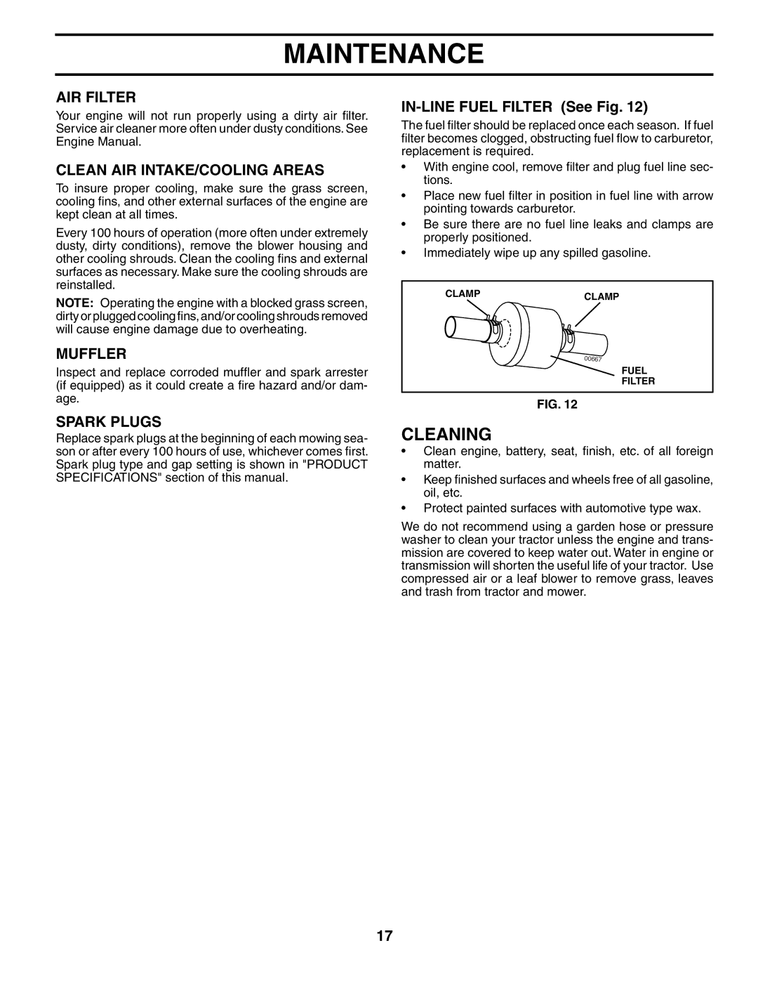 Poulan 191798 manual Cleaning, AIR Filter, Clean AIR INTAKE/COOLING Areas, Muffler, Spark Plugs 