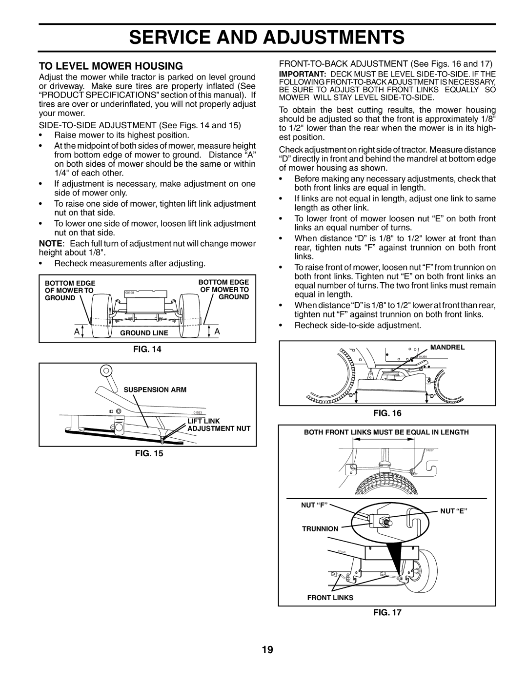 Poulan 191798 manual To Level Mower Housing, FRONT-TO-BACK Adjustment See Figs 