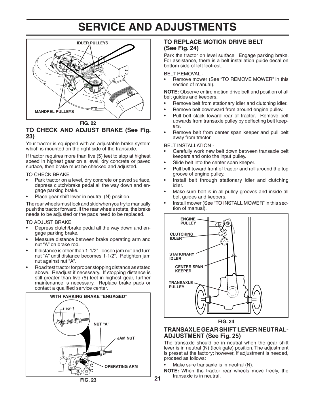 Poulan 191920 To Check and Adjust Brake See Fig, To Replace Motion Drive Belt See Fig, To Check Brake, To Adjust Brake 