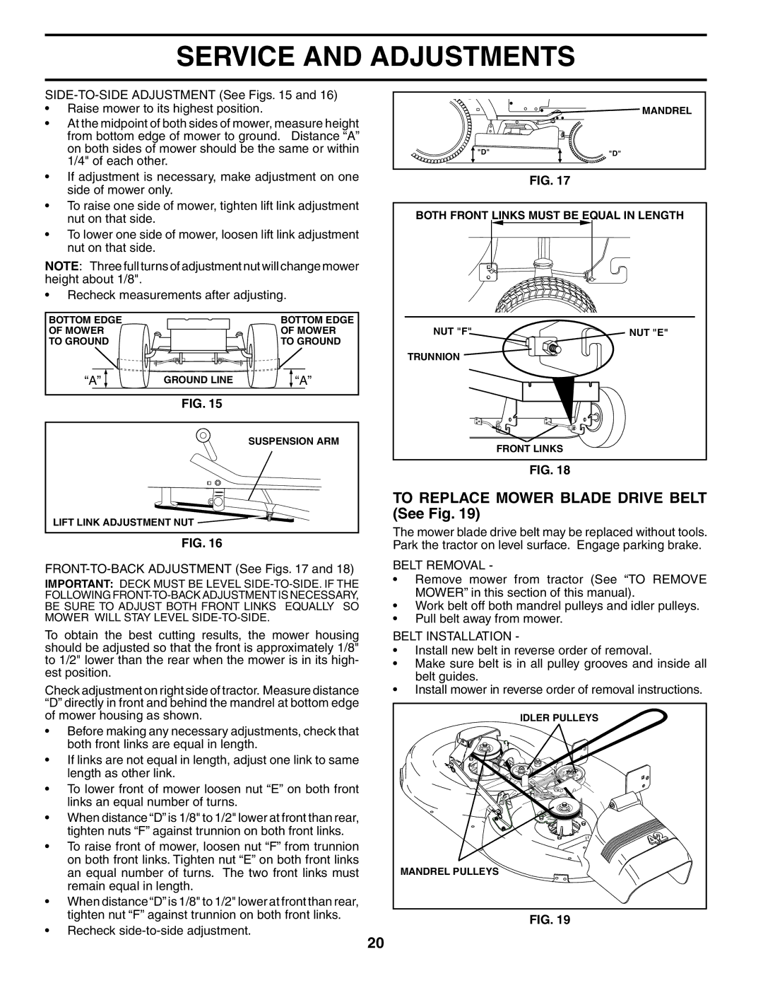 Poulan 191984 manual To Replace Mower Blade Drive Belt See Fig, Belt Removal, Belt Installation 