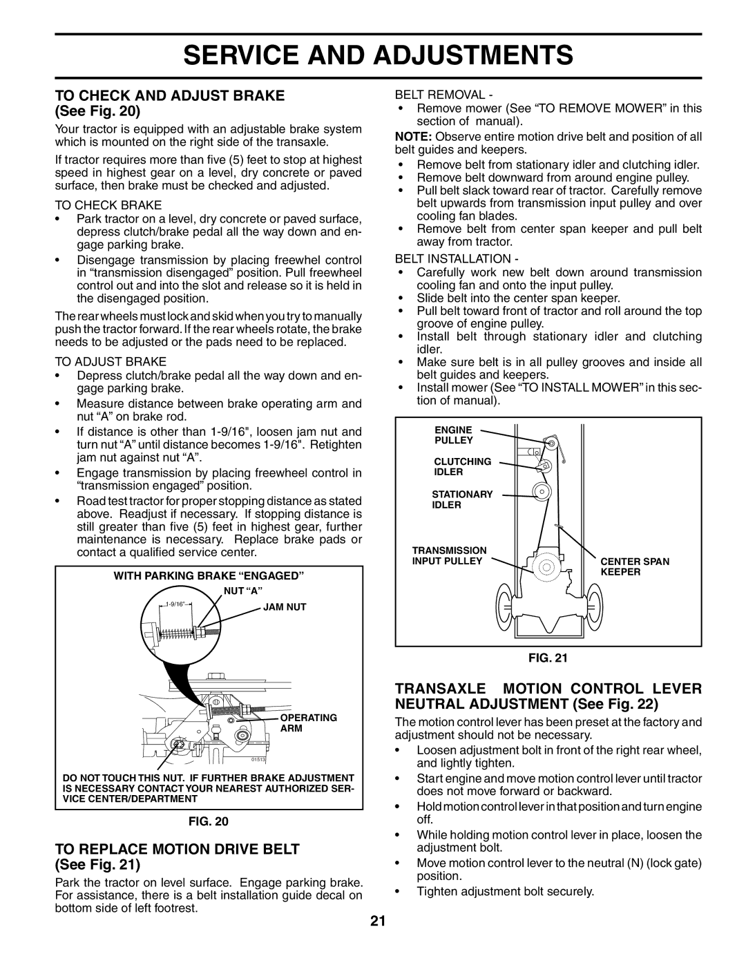 Poulan 191984 To Check and Adjust Brake See Fig, To Replace Motion Drive Belt See Fig, To Check Brake, To Adjust Brake 