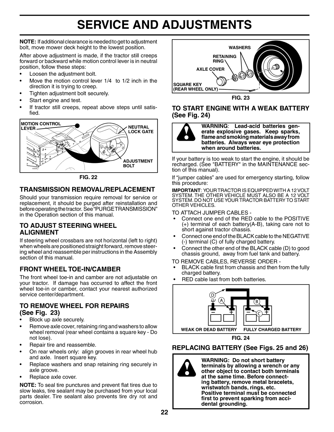 Poulan 191984 manual Transmission REMOVAL/REPLACEMENT, To Adjust Steering Wheel Alignment, Front Wheel TOE-IN/CAMBER 