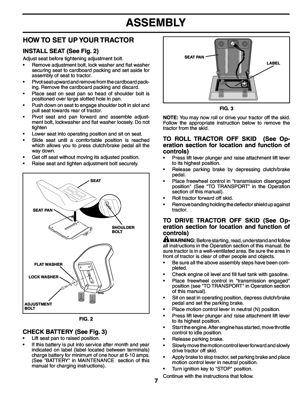 Poulan 191984 manual How To Set Up Your Tractor, INSTALL SEAT See Fig, CHECK BATTERY See Fig, Assembly 