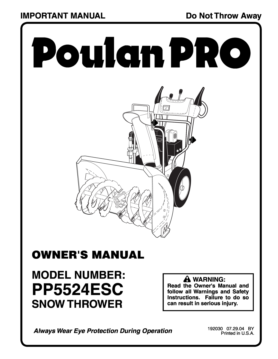 Poulan 192030 owner manual Snow Thrower, Important Manual, PP5524ESC, Do Not Throw Away 