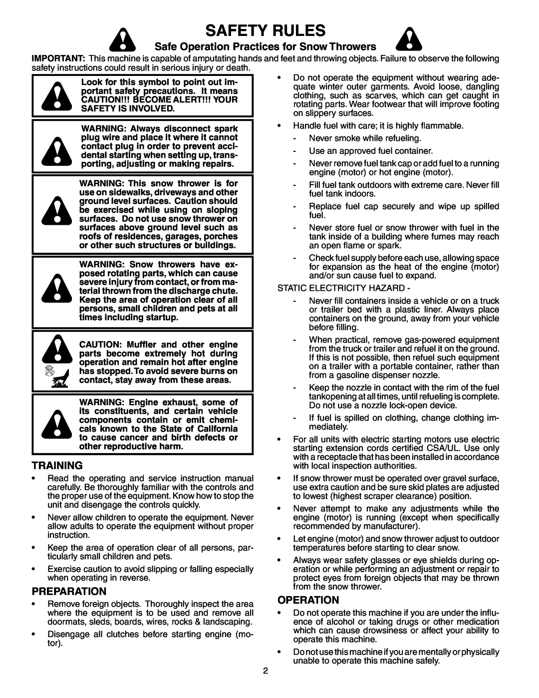 Poulan 192030 owner manual Safety Rules, Safe Operation Practices for Snow Throwers, Training, Preparation 