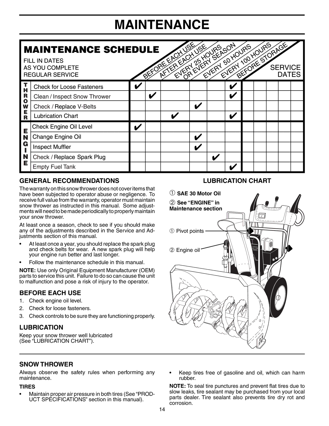 Poulan 192030 owner manual Maintenance, General Recommendations, Before Each USE, Lubrication, Snow Thrower 