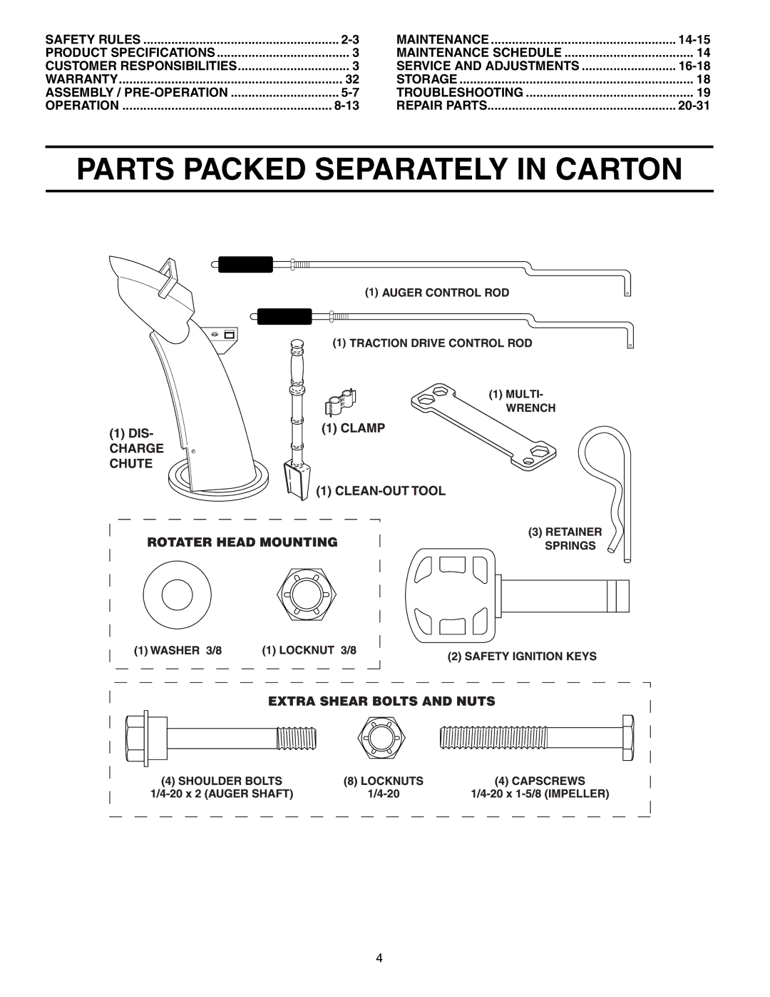 Poulan 192030 owner manual Parts Packed Separately in Carton, 14-15, Service and Adjustments, 16-18, 20-31 