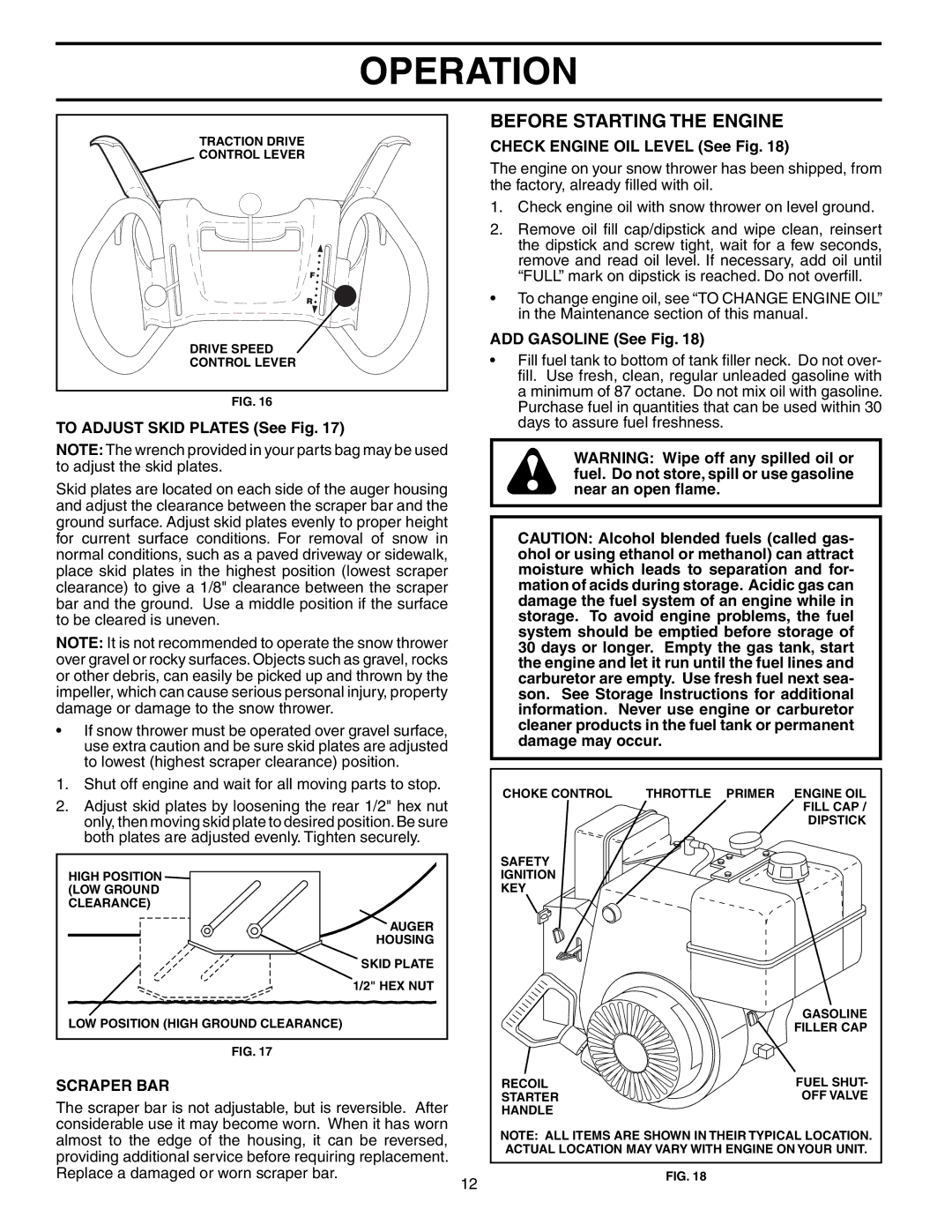 Poulan 192034 Before Starting the Engine, To Adjust Skid Plates See Fig, Check Engine OIL Level See Fig, Scraper BAR 