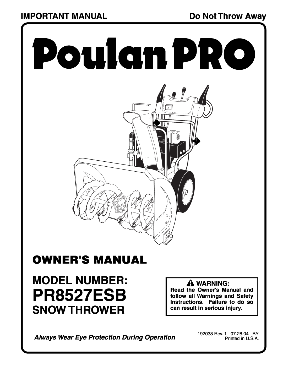 Poulan 192038 owner manual Snow Thrower, Important Manual, PR8527ESB, Do Not Throw Away 