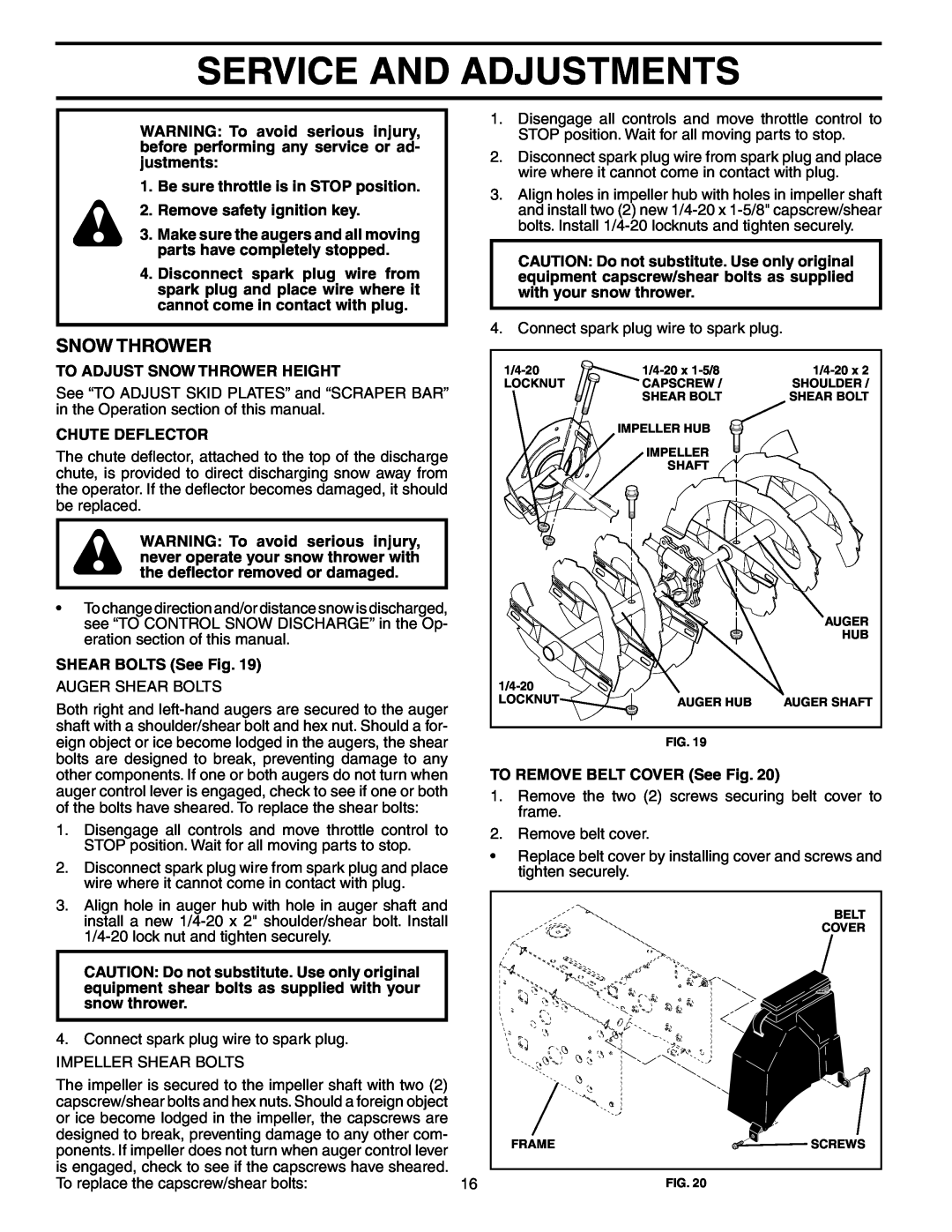 Poulan 192038 owner manual Service And Adjustments, Snow Thrower 