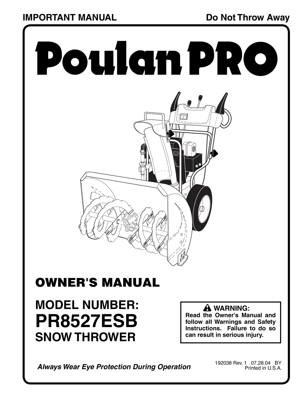 Poulan 192038 owner manual Model Number, Snow Thrower 