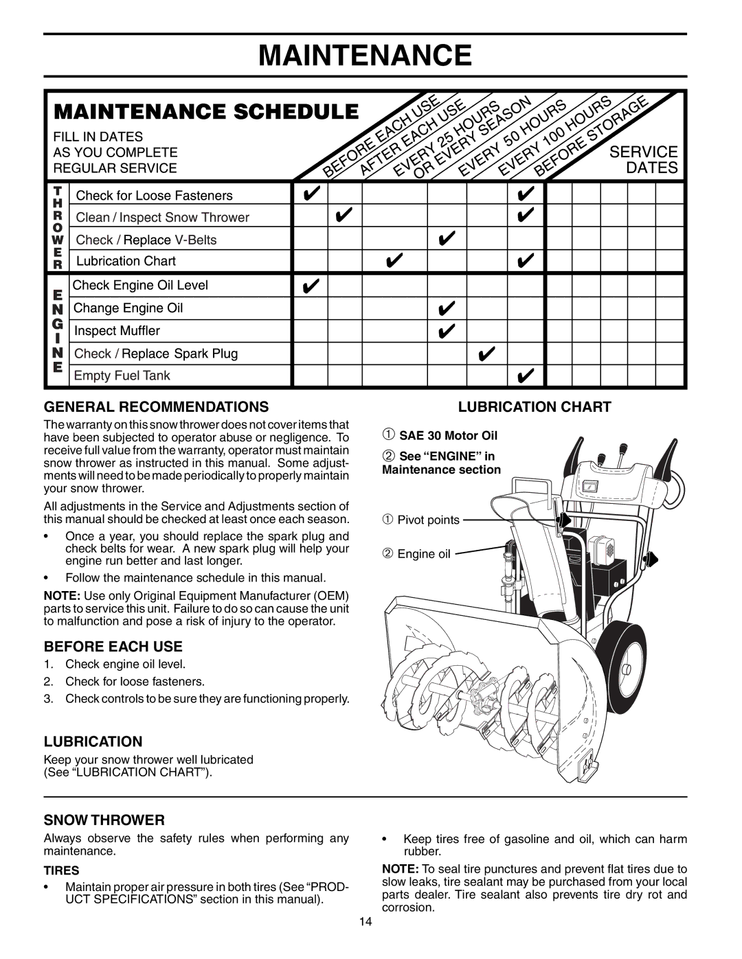 Poulan 192038 owner manual Maintenance, General Recommendations, Before Each USE, Lubrication, Snow Thrower 