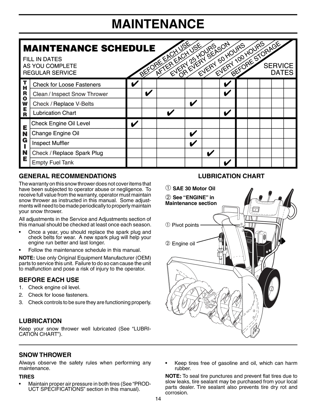 Poulan 192042 owner manual Maintenance, General Recommendations, Before Each USE, Lubrication, Snow Thrower 