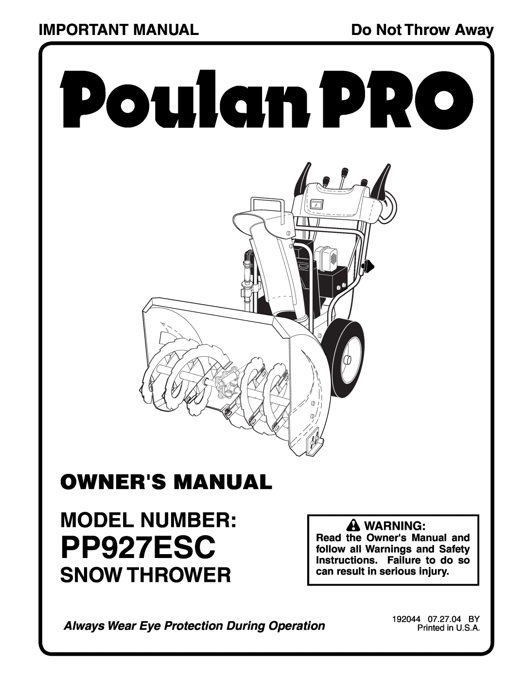 Poulan 192044 owner manual Snow Thrower, Important Manual, PP927ESC, Do Not Throw Away 