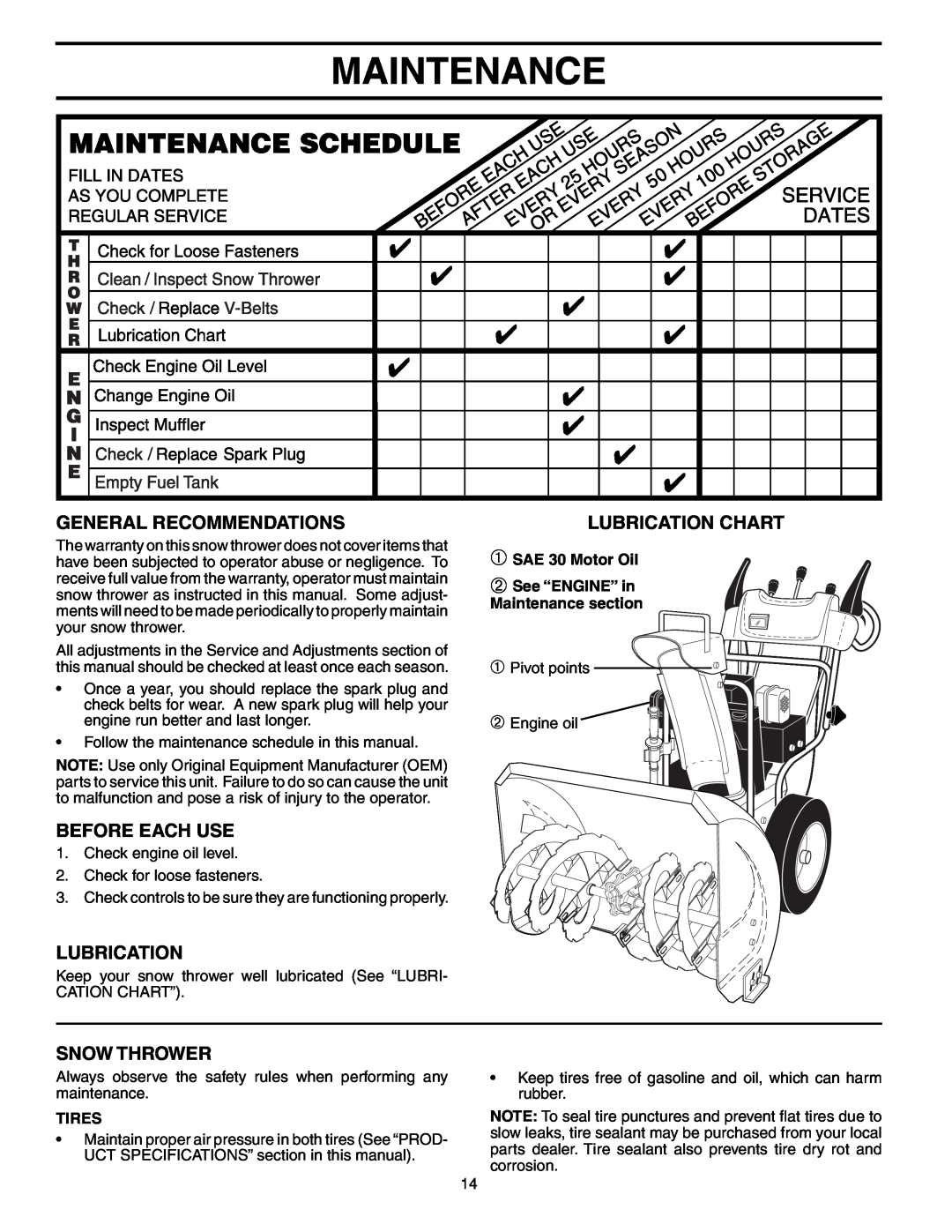 Poulan 192044 Maintenance, General Recommendations, Before Each Use, Snow Thrower, Lubrication Chart, Tires 