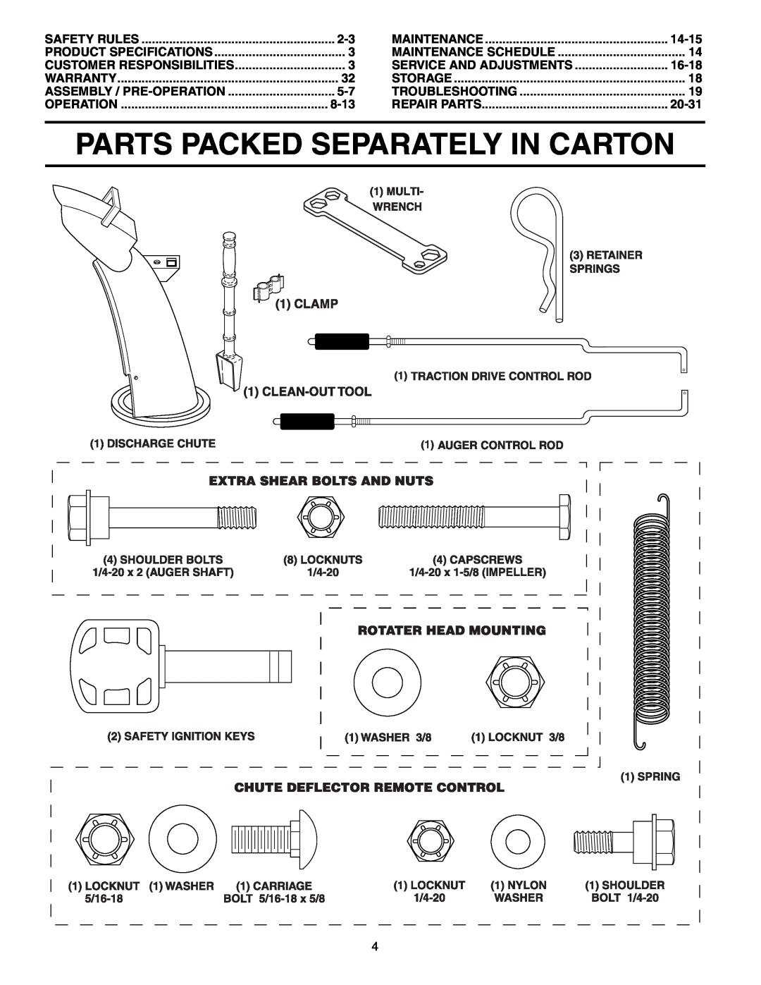 Poulan 192044 owner manual Parts Packed Separately In Carton, 8-13, 14-15, Service And Adjustments, 16-18, 20-31 