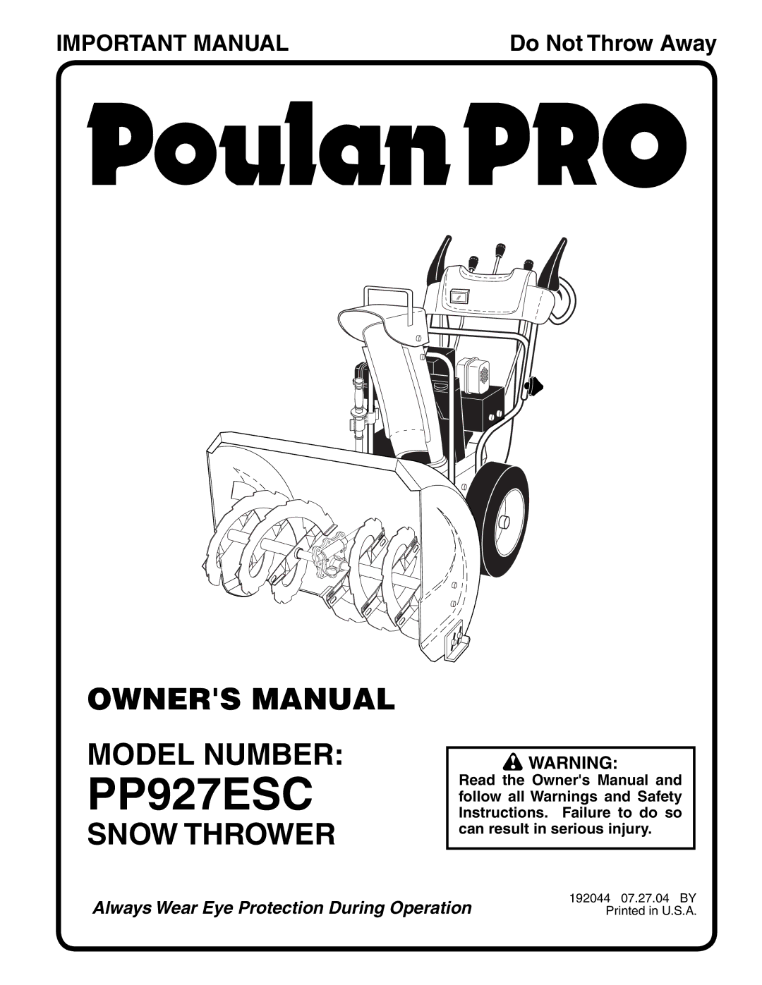 Poulan 192044 owner manual Model Number, Snow Thrower 