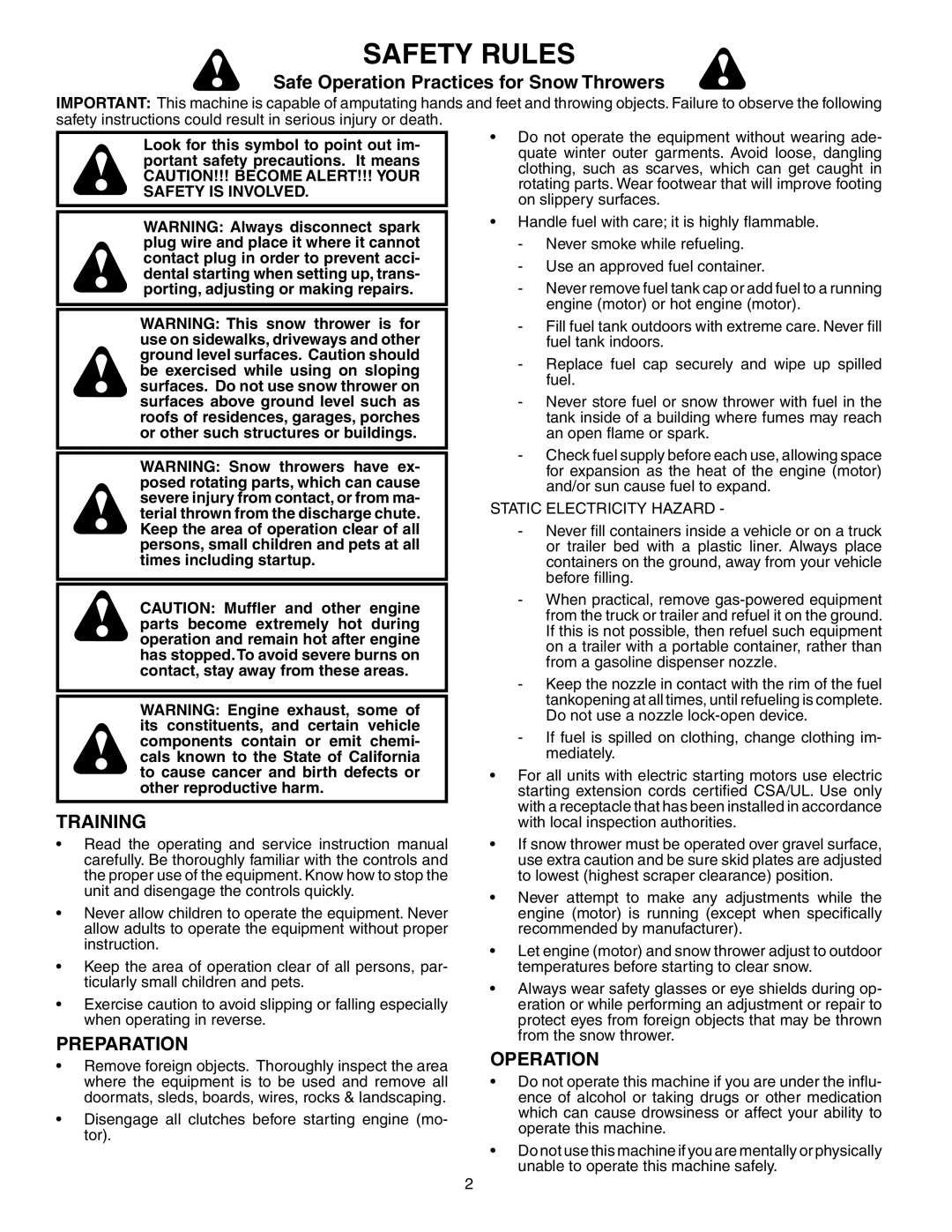 Poulan 192044 owner manual Training, Preparation, Operation, Static Electricity Hazard 