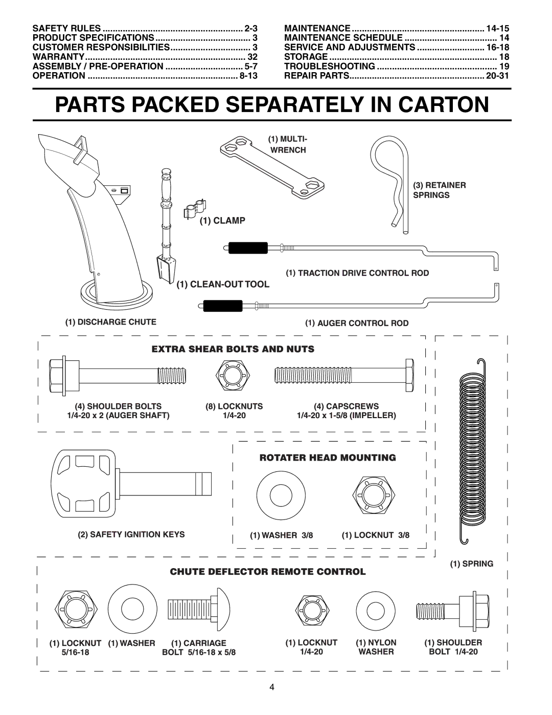 Poulan 192044 owner manual Parts Packed Separately in Carton, 14-15, Service and Adjustments, 16-18, 20-31 