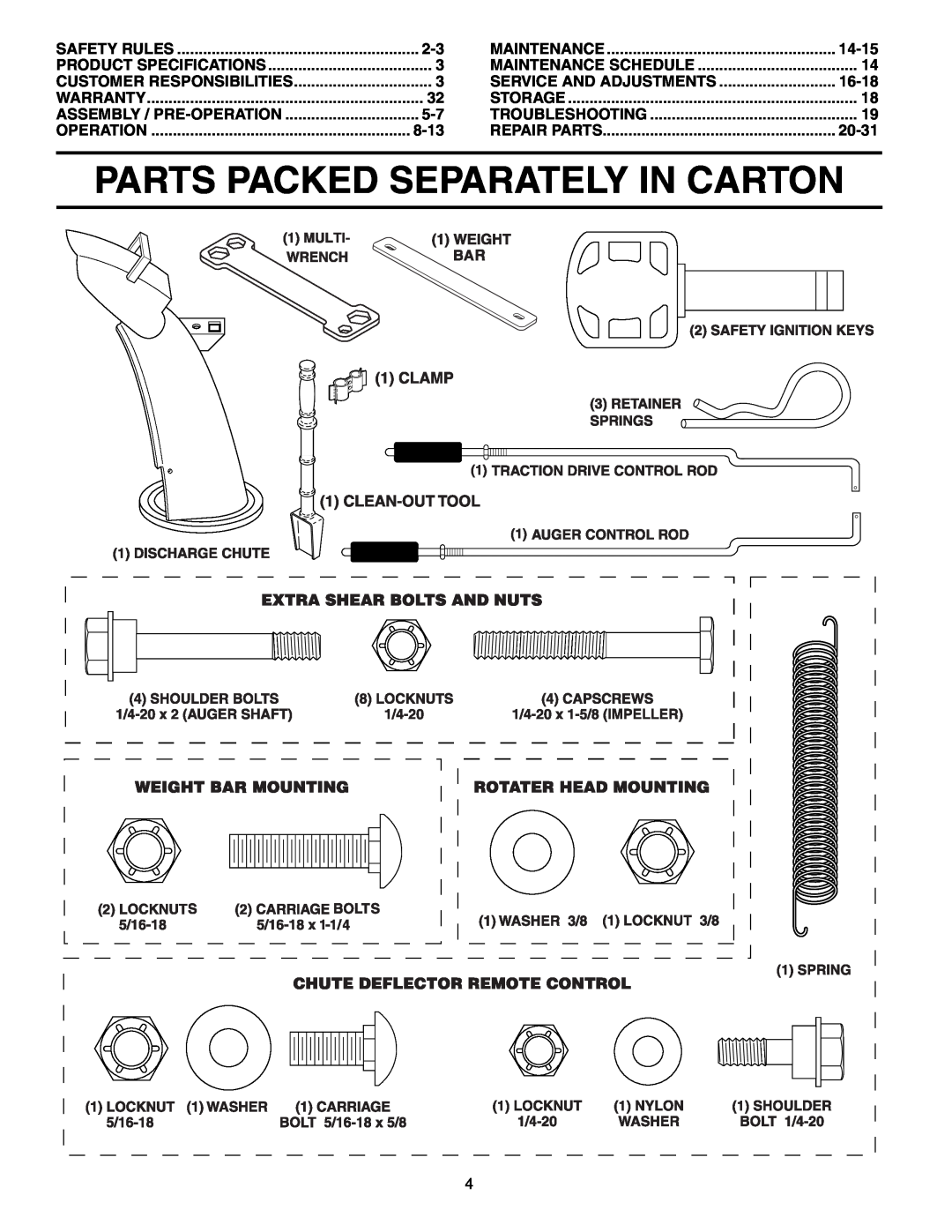 Poulan 192046 owner manual Parts Packed Separately In Carton, 8-13, 14-15, Service And Adjustments, 16-18, 20-31 