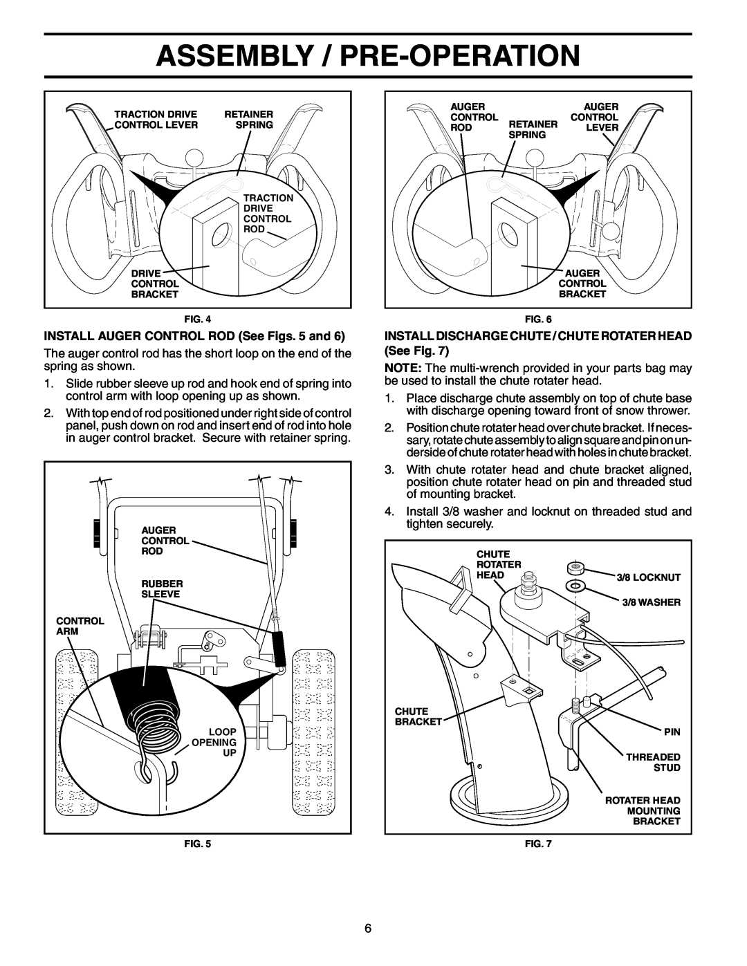 Poulan 192046 owner manual Assembly / Pre-Operation, INSTALL AUGER CONTROL ROD See Figs. 5 and 