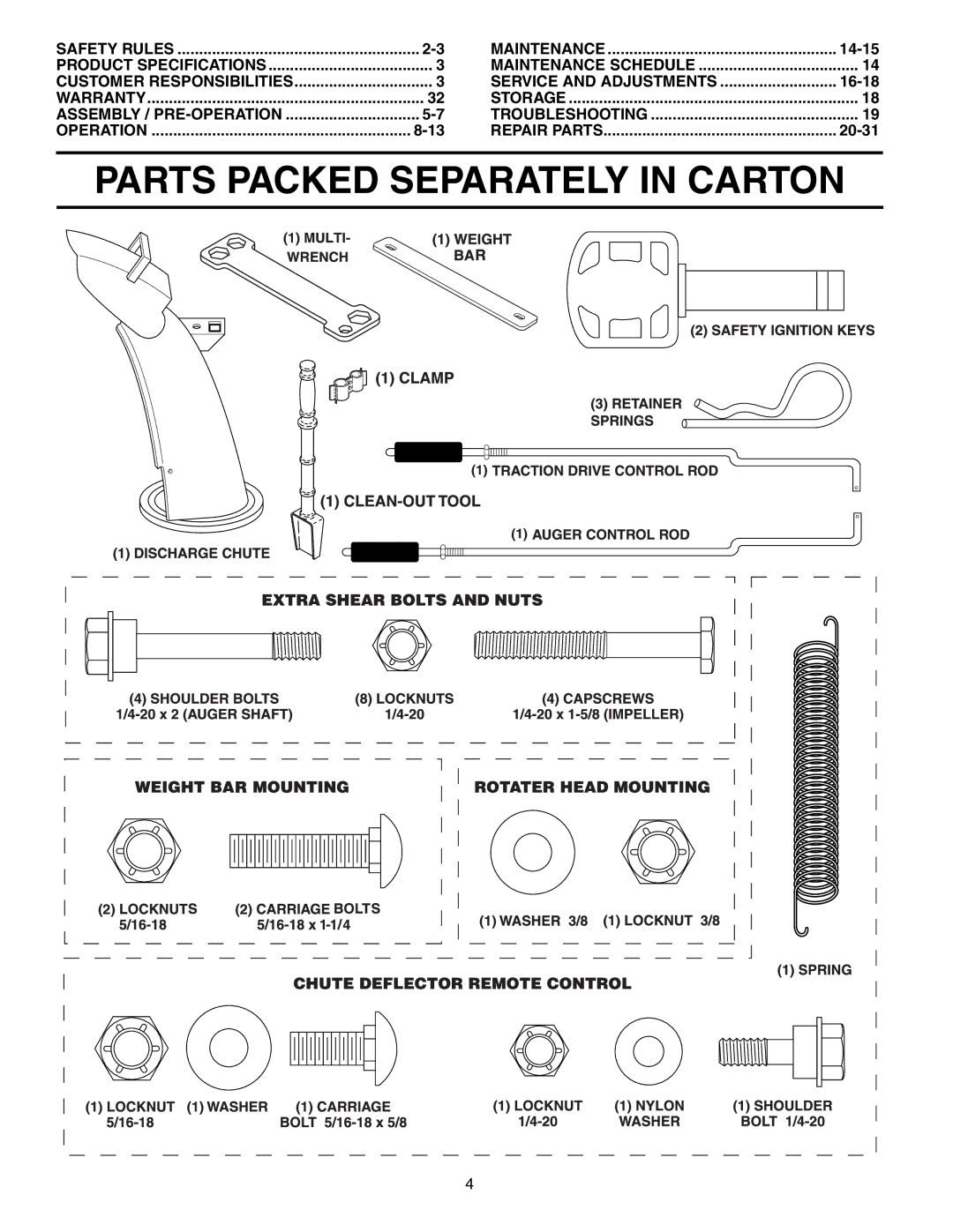 Poulan 192046 owner manual Parts Packed Separately in Carton, 14-15, Service and Adjustments, 16-18, 20-31 