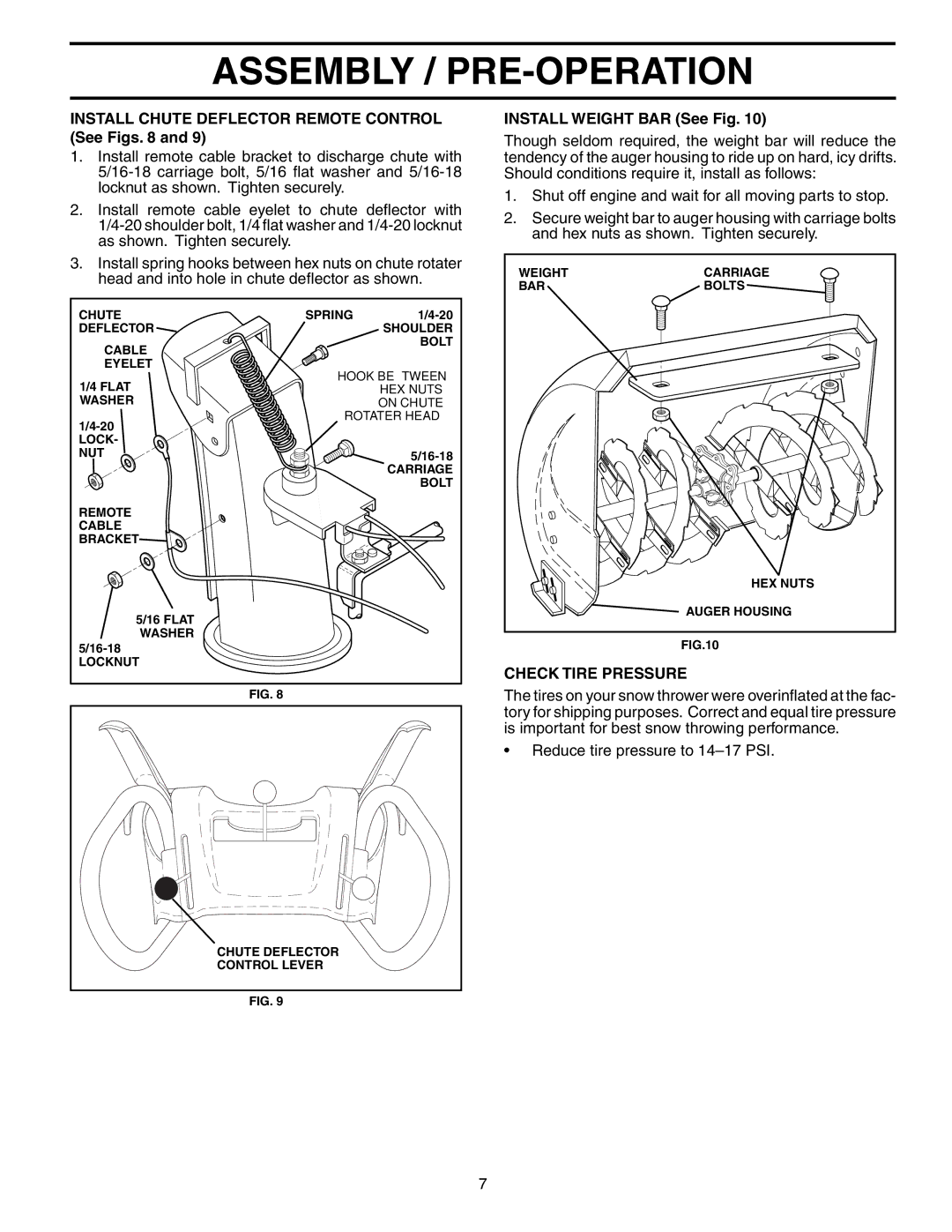 Poulan 192046 owner manual Install Chute Deflector Remote Control See Figs, Install Weight BAR See Fig, Check Tire Pressure 