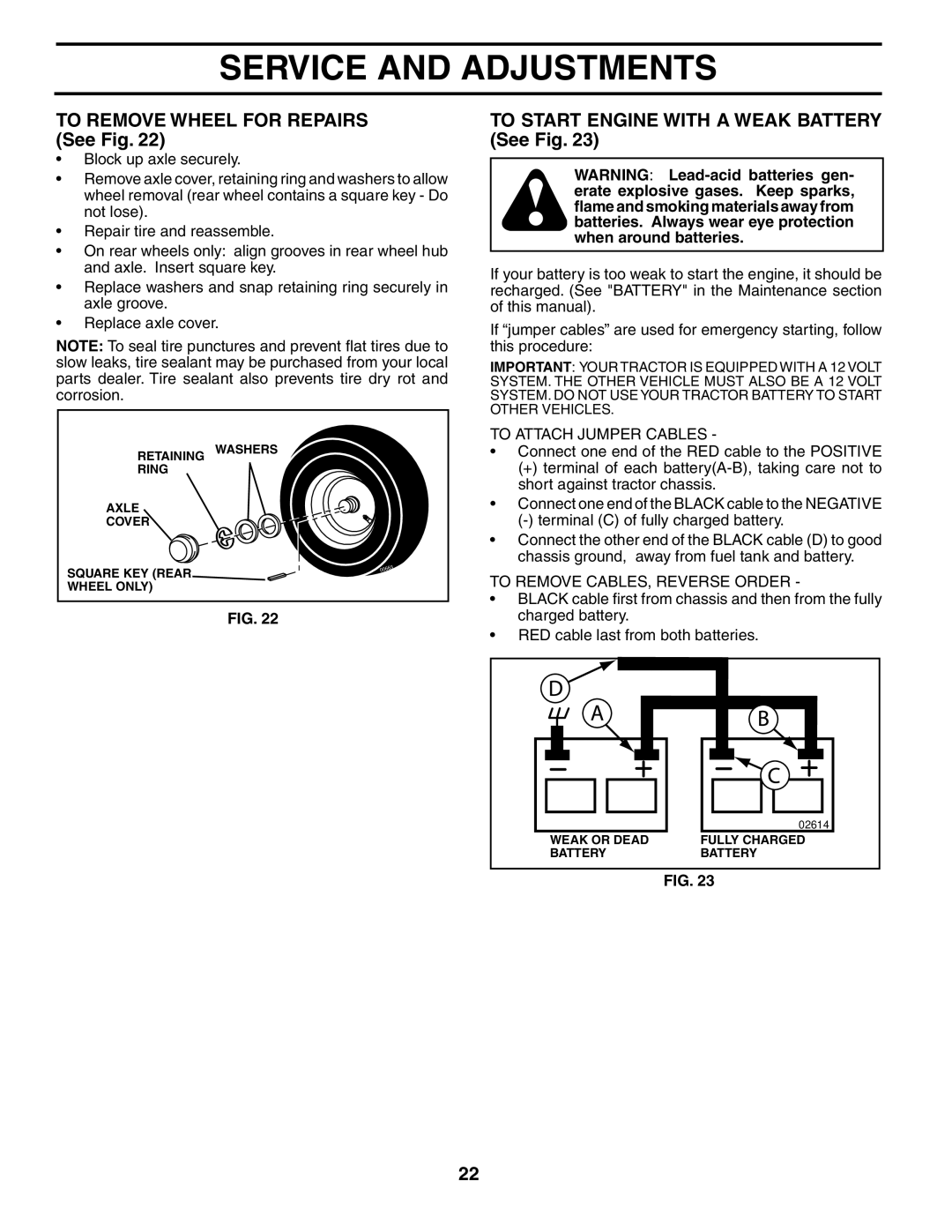 Poulan 192087 To Remove Wheel for Repairs See Fig, To Start Engine with a Weak Battery See Fig, To Attach Jumper Cables 