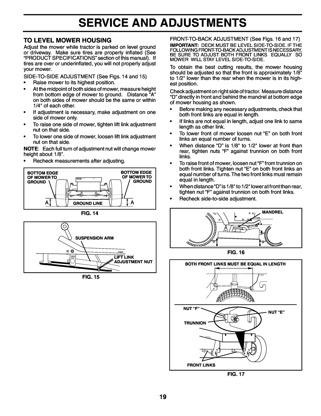 Poulan 192087 manual To Level Mower Housing, Service And Adjustments 