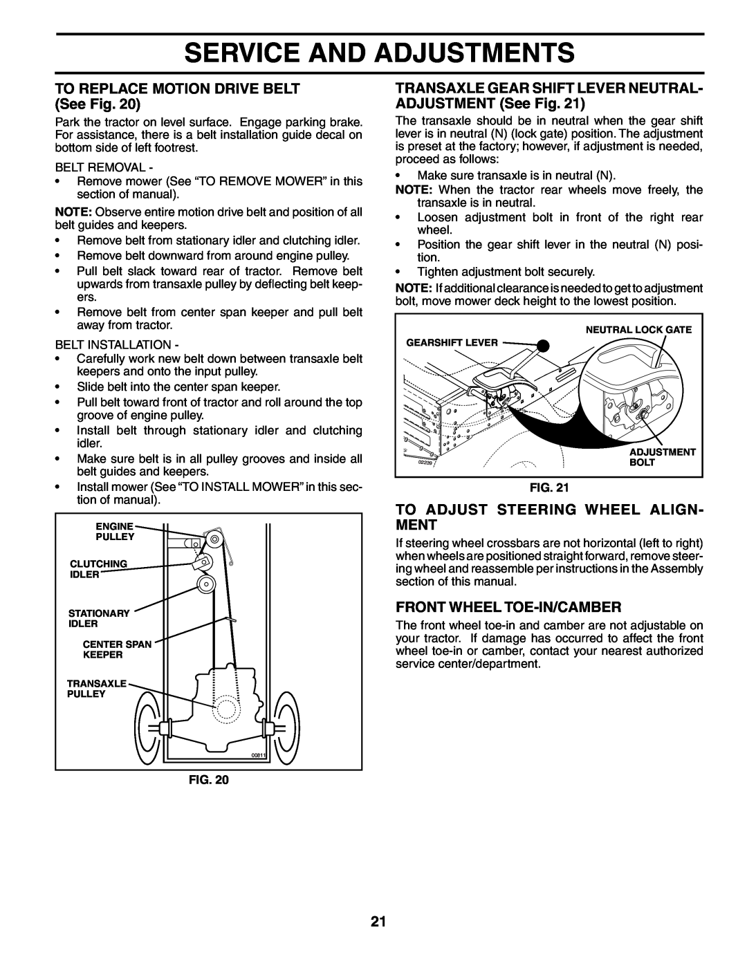Poulan 192087 manual TO REPLACE MOTION DRIVE BELT See Fig, TRANSAXLE GEAR SHIFT LEVER NEUTRAL- ADJUSTMENT See Fig 