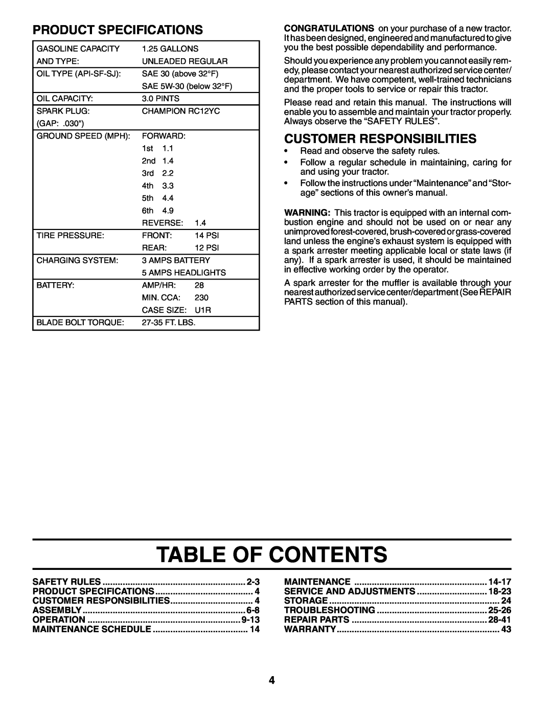 Poulan 192087 manual Table Of Contents, Product Specifications, Customer Responsibilities 
