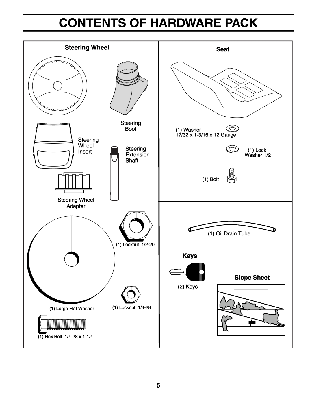 Poulan 192087 manual Contents Of Hardware Pack, Steering Wheel, Seat, Keys, Slope Sheet 