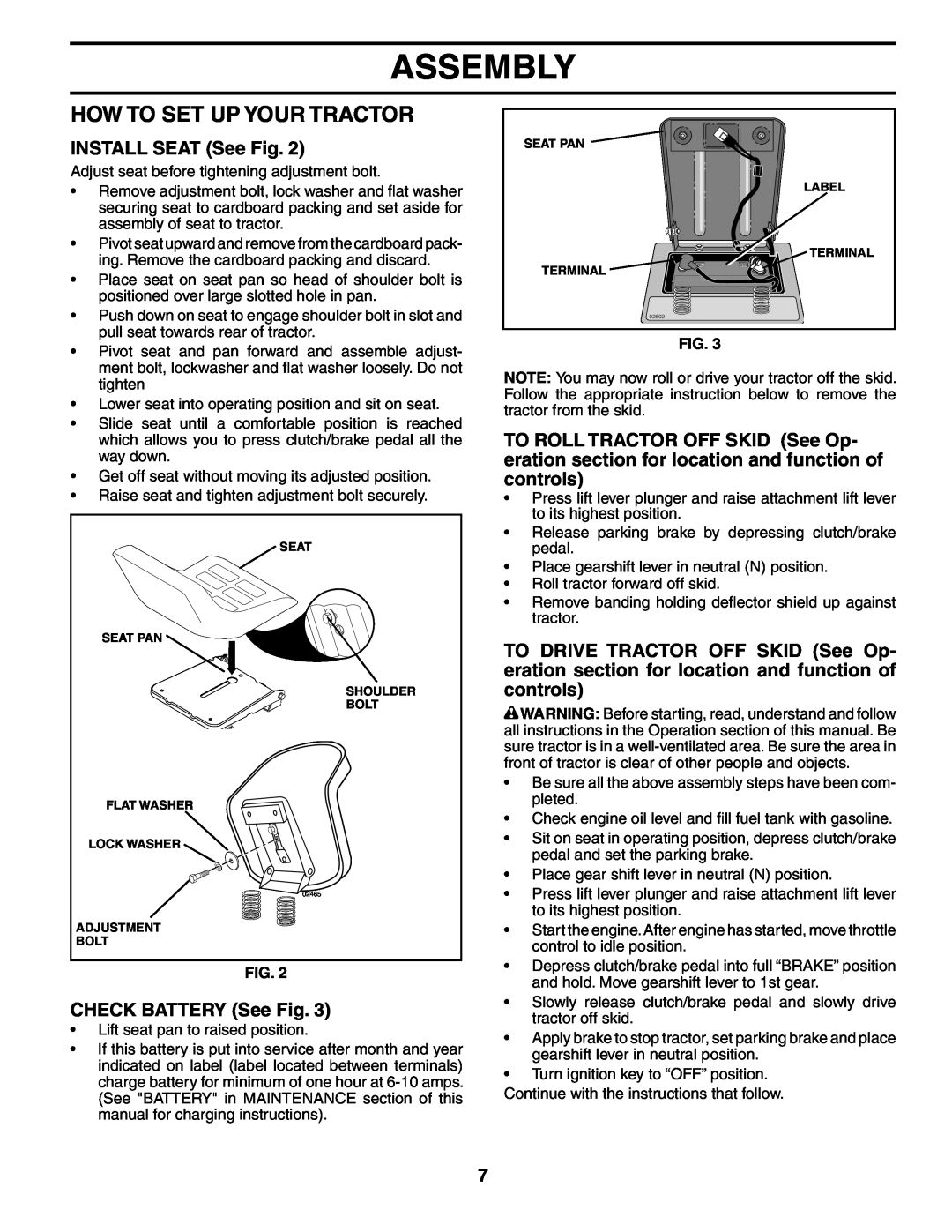 Poulan 192087 manual How To Set Up Your Tractor, INSTALL SEAT See Fig, CHECK BATTERY See Fig, Assembly 