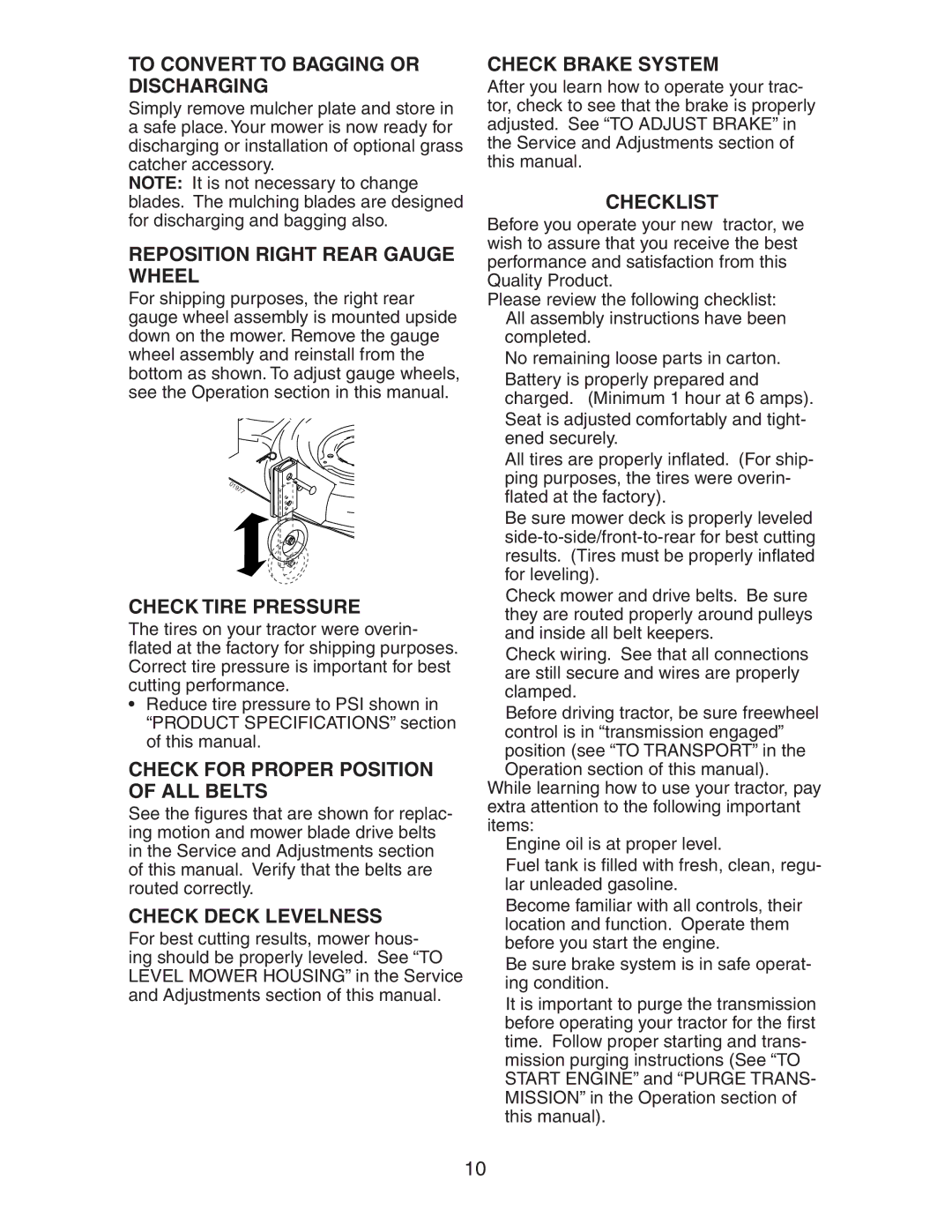 Poulan 192337 To Convert to Bagging or Discharging, Reposition Right Rear Gauge Wheel, Check Tire Pressure, Checklist 